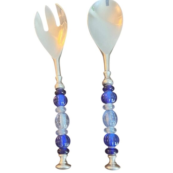 Stainless Steel Salad Fork and Spoon Set With Blue Acrylic Handles 11.5" - Picture 1 of 7